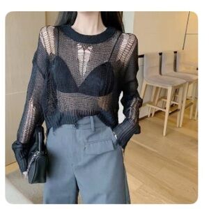 Black Distressed Crew Neck Sweater